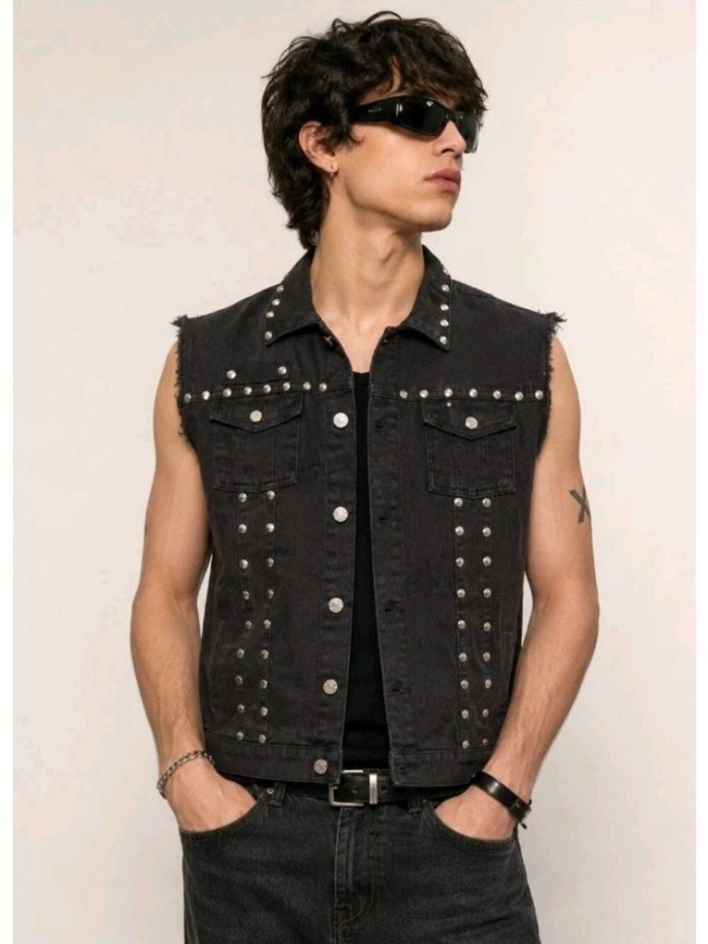 Mens Studded Denim Jacket Sleeveless Punk Biker Goth Rock Size M Black